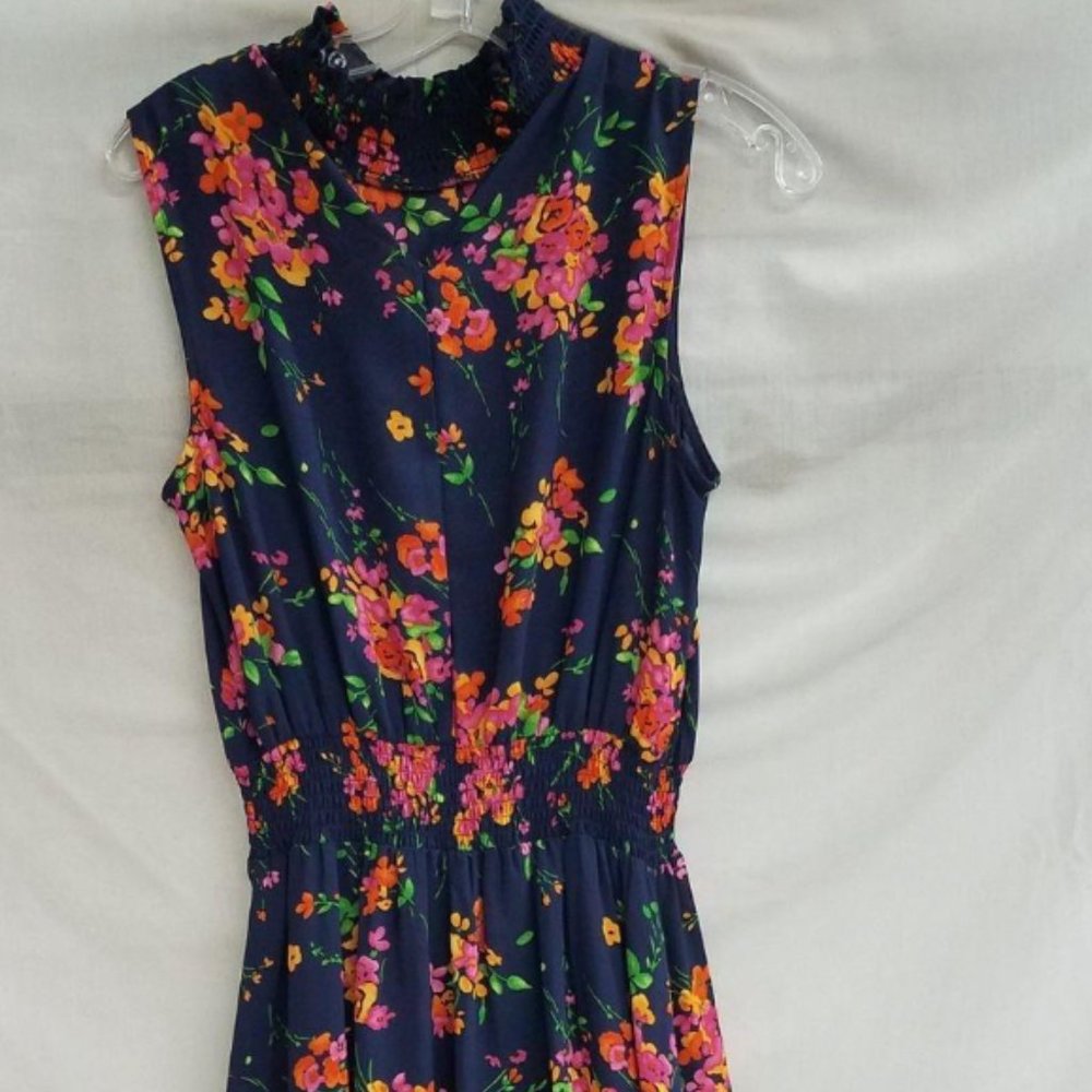 Nanette Lepore Floral Print Sleeveless Smocked-Waist Dress Navy Pink Size 6